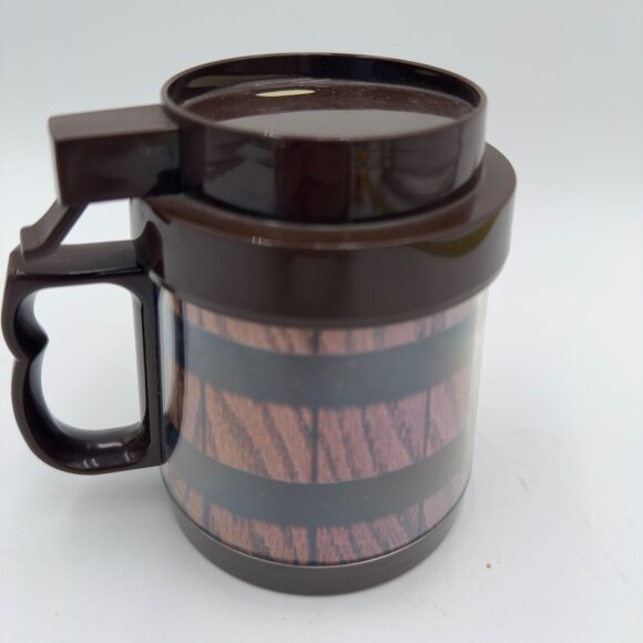 Vintage Thermo-Serv Insulated Striped Mug With Lid Brown Woodgrain Design 12 Oz - Picture 4 of 11